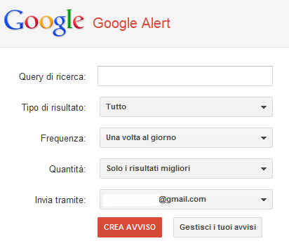 Il form di Google Alert